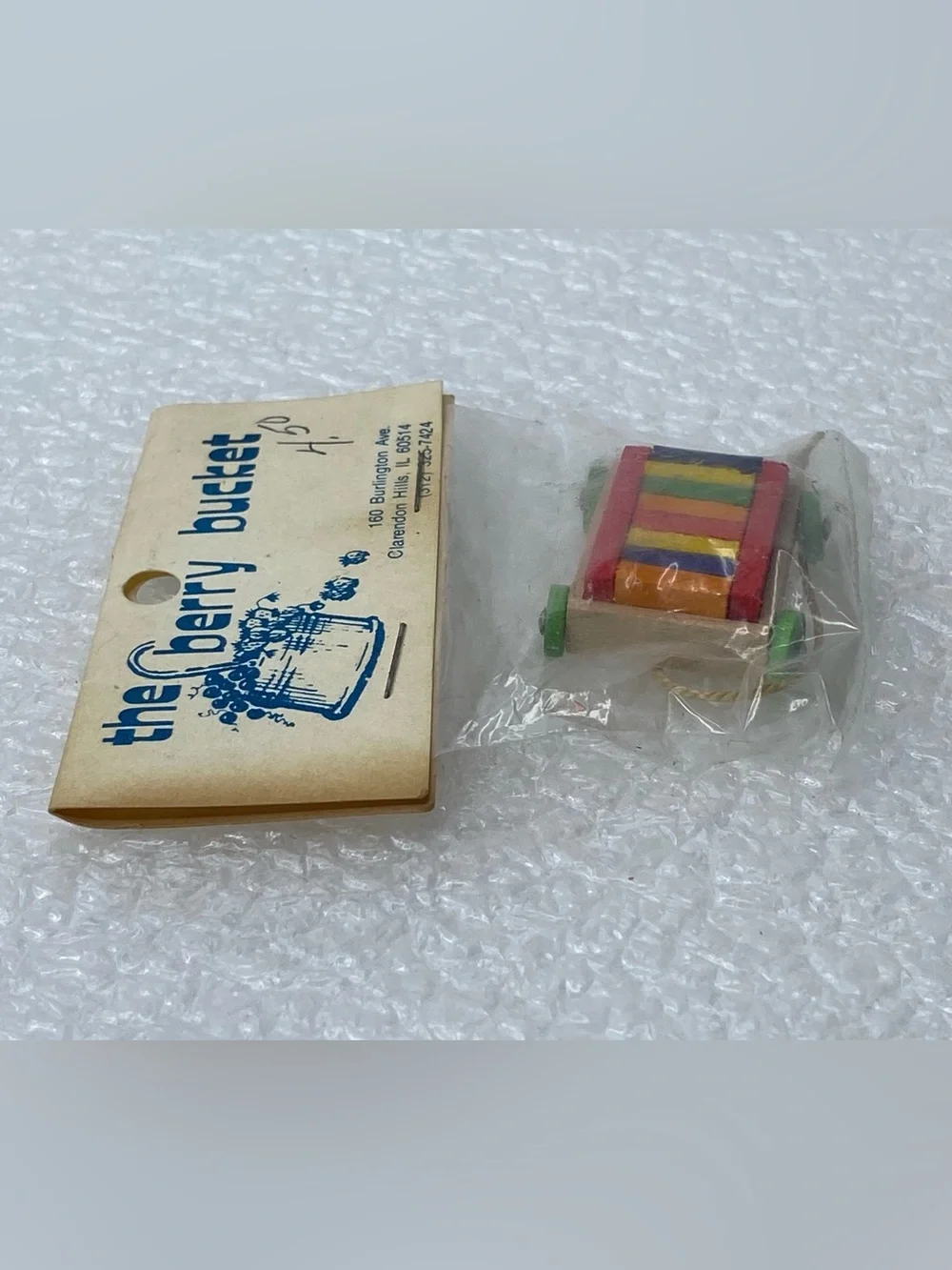 Vintage Dollhouse Miniature Wooden Pull Toy Wagon with Colorful Blocks